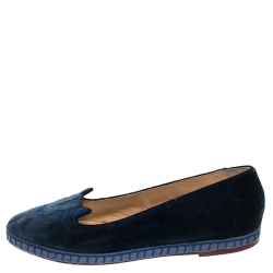 Pre Owned Charlotte Olympia Blue Velvet Kitty Slip On Loafers Size 38