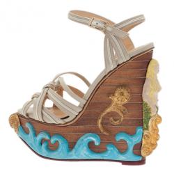 Pre Owned Charlotte Olympia Beige Canvas Maiden Voyage Wedge Sandals Size 37