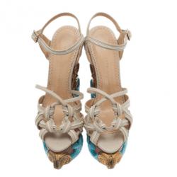 Pre Owned Charlotte Olympia Beige Canvas Maiden Voyage Wedge Sandals Size 37