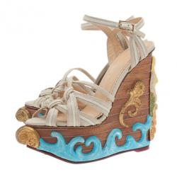 Pre Owned Charlotte Olympia Beige Canvas Maiden Voyage Wedge Sandals Size 37