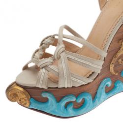 Pre Owned Charlotte Olympia Beige Canvas Maiden Voyage Wedge Sandals Size 37