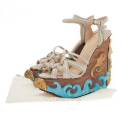 Pre Owned Charlotte Olympia Beige Canvas Maiden Voyage Wedge Sandals Size 37