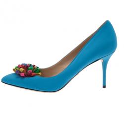 Pre Owned Charlotte Olympia Blue Satin Pompom Pumps Size 40
