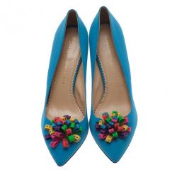 Pre Owned Charlotte Olympia Blue Satin Pompom Pumps Size 40