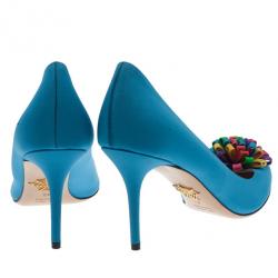 Pre Owned Charlotte Olympia Blue Satin Pompom Pumps Size 40