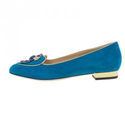Pre Owned Charlotte Olympia Blue Suede Scorpio Smoking Slippers Size 38