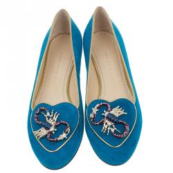 Pre Owned Charlotte Olympia Blue Suede Scorpio Smoking Slippers Size 38