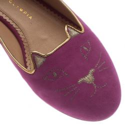 Pre Owned Charlotte Olympia Pink Kitty Suede Embroidered Flats Size 39.5