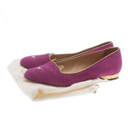 Pre Owned Charlotte Olympia Pink Kitty Suede Embroidered Flats Size 39.5