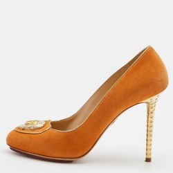 Pre Owned Charlotte Olympia Orange Suede Embellished Pumps Size 40