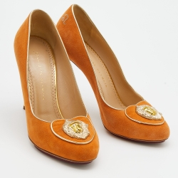 Pre Owned Charlotte Olympia Orange Suede Embellished Pumps Size 40