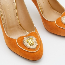 Pre Owned Charlotte Olympia Orange Suede Embellished Pumps Size 40