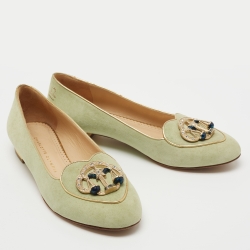 Charlotte Olympia Mint Green Suede Gemini Smoking Slippers Size 40