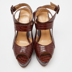 Charlotte Olympia Brown Croc Embossed Leather Ankle Strap Wedge Sandals Size 39