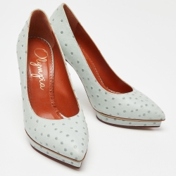 Pre Owned Charlotte Olympia Light Blue Ostrich Embossed Leather Dolly Pointed Toe Pumps Size 37