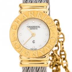 Pre Owned Charriol White Mother of Pearl Stainless Steel Gold Plated St-Tropez Ref.028/2 Women's Wristwatch 24.50 mm
