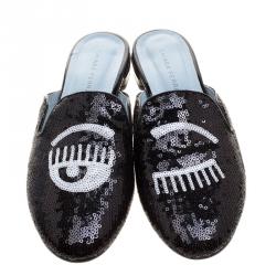 Chiara Ferragni Monochrome Sequin Embellished Flat Slides Size 40