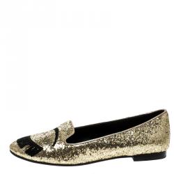 Pre Owned Chiara Ferragni Gold Glitter Flirting Ballet Flats Size 37