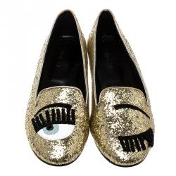 Pre Owned Chiara Ferragni Gold Glitter Flirting Ballet Flats Size 37