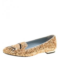 Chiara Ferragni Gold Sequins Flirting Smoking Slippers Size 35