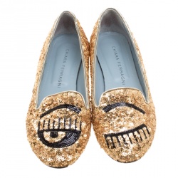 Chiara Ferragni Gold Sequins Flirting Smoking Slippers Size 35