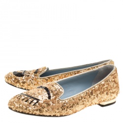 Chiara Ferragni Gold Sequins Flirting Smoking Slippers Size 35