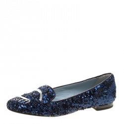 Chiara Ferragni Metallic Blue Sequins Flirting Smoking Slippers Size 35