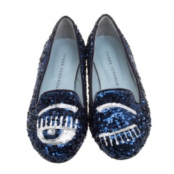 Chiara Ferragni Metallic Blue Sequins Flirting Smoking Slippers Size 35