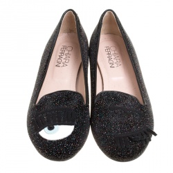 مملوكة مسبقًا Chiara Ferragni Black Glitter Flirting Wink Eye Ballet Flats Size 36