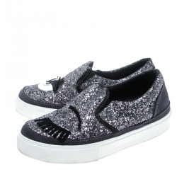 Chiara Ferragni Purple Glitters and Suede Blink Wink Slip On Sneakers Size 37