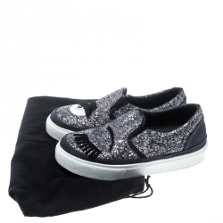 Chiara Ferragni Purple Glitters and Suede Blink Wink Slip On Sneakers Size 37