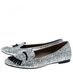 Chiara Ferragni Metallic Silver Coarse Glitter Flirting Smoking Slippers Size 39