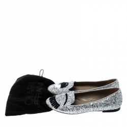 Chiara Ferragni Metallic Silver Coarse Glitter Flirting Smoking Slippers Size 39