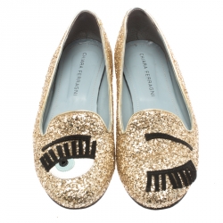 Chiara Ferragni Metallic Gold Coarse Glitter Flirting Smoking Slippers Size 37