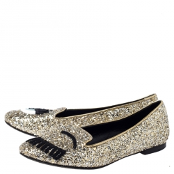 Chiara Ferragni Metallic Gold Coarse Glitter Flirting Smoking Slippers Size 37