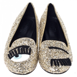 Chiara Ferragni Metallic Gold Coarse Glitter Flirting Smoking Slippers Size 37