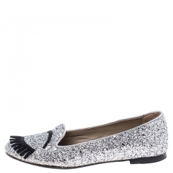 Pre Owned Chiara Ferragni Metallic Silver Coarse Glitter Fabric Flirting Smoking Slipper Flats Size 37