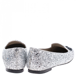 Pre Owned Chiara Ferragni Metallic Silver Coarse Glitter Fabric Flirting Smoking Slipper Flats Size 37
