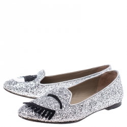 Pre Owned Chiara Ferragni Metallic Silver Coarse Glitter Fabric Flirting Smoking Slipper Flats Size 37