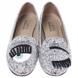Pre Owned Chiara Ferragni Metallic Silver Coarse Glitter Fabric Flirting Smoking Slipper Flats Size 37