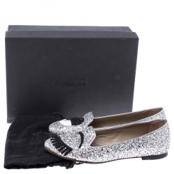Pre Owned Chiara Ferragni Metallic Silver Coarse Glitter Fabric Flirting Smoking Slipper Flats Size 37