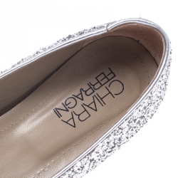 Pre Owned Chiara Ferragni Metallic Silver Coarse Glitter Fabric Flirting Smoking Slipper Flats Size 37