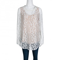 Pre Owned Chloe White Contrast Lined Long Sleeve Floral Lace Top L
