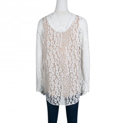 Pre Owned Chloe White Contrast Lined Long Sleeve Floral Lace Top L