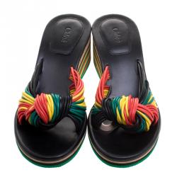 Pre Owned Chloe Multicolor Knotted Leather Jamaica Wedge Slides Size 40