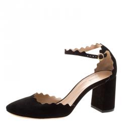 Chloe Black Scalloped Suede Ankle Strap Block Heel Sandals Size 38.5