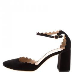Chloe Black Scalloped Suede Ankle Strap Block Heel Sandals Size 38.5