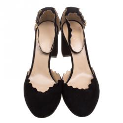 Chloe Black Scalloped Suede Ankle Strap Block Heel Sandals Size 38.5