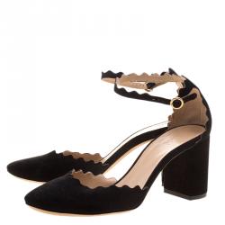Chloe Black Scalloped Suede Ankle Strap Block Heel Sandals Size 38.5