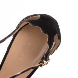Chloe Black Scalloped Suede Ankle Strap Block Heel Sandals Size 38.5